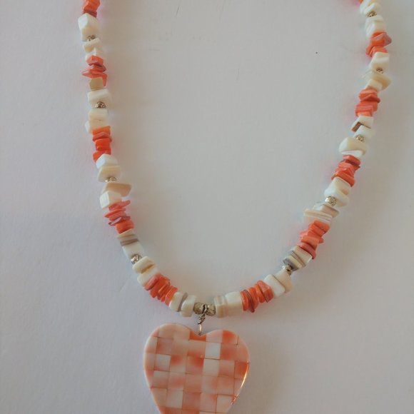 Handmade Valentines Heart Necklace with Peach Coral White Shell Beads 19 Inch - Picture 16 of 16
